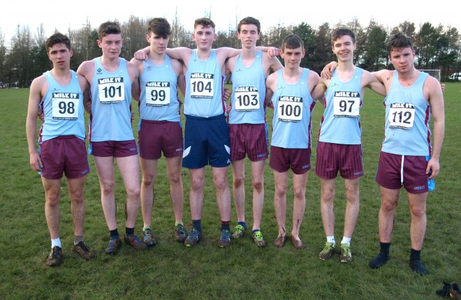 The St Michael's team which captured the senior team title at the Ulster cross country championships last Wednesday, from left, Jacob Britton, Conal Boylan, Jack Scallon, Conor McCaffrey, Conor McNally, Bruce Worley, Domhnall Lynam and Oisin Morris.