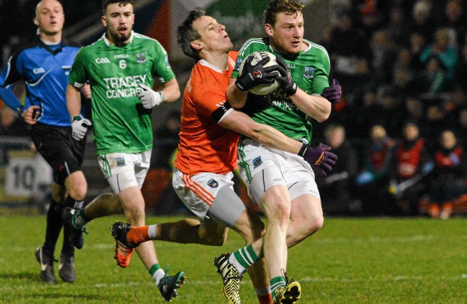 Aidan Breen, Fermanagh, in action against Mark Shields, Armagh