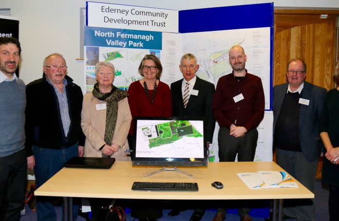 Members of Ederney Community Development Trust with Joanne McDowell Big Lottery Fund NI Director and Michael Hughes Space and Place (L-R Sean Donnelly, Mervyn Duncan and Colette McHugh Ederney Community Development Trust, Joanne McDowell Big Lottery Fund, Michael Hughes Space and Place, Andrew McCracken Community Foundation, Neville Armstrong Ederney Community Development Trust and Jane Wilde Space and Place)