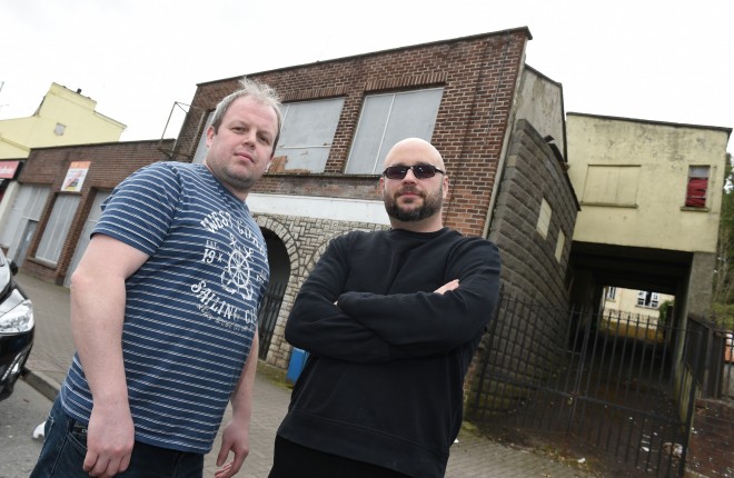 Brothers Tony and Neil Reid outside the old Ritz Cinema on Enniskillen's Forthill Street    Picture: Ronan McGrade
