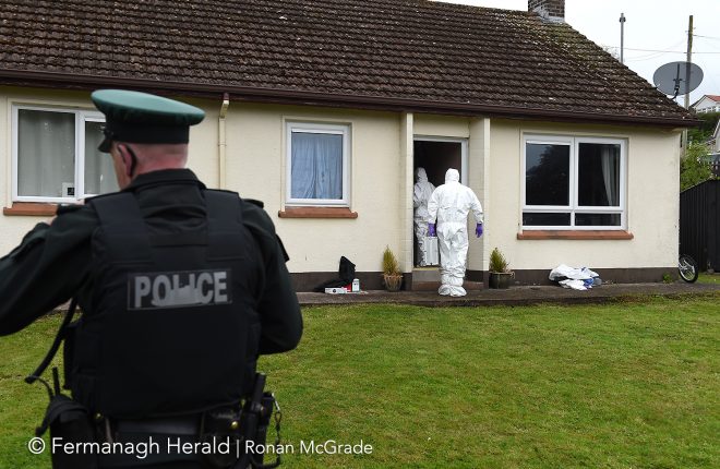 A forensic team at the scene of the unexplained death of a 32 year old man in Lisbellaw. Photo: Ronan McGrade