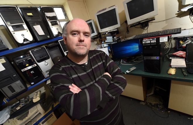 Stephen McCarron of Erne Computers, Enniskillen, has been kept busy repairing computers and offering advice to people affected by computer scams    RMG95