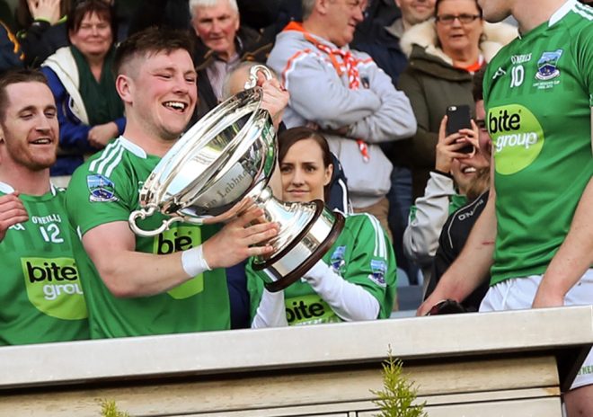 Shane Mulholland's wife Vanessa looks on as Fermanagh lift the Lory Meagher trophy in Croke Park