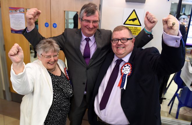 Official Unionist MLA's Ross Hussey, and Rosemary Barton, celebrate with Tom Elliot.  MC 8