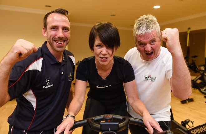Getting motivated and in gear for the upcoming charity 'Spinathon' at the Killyhevlin Health Club are, from left, Paddy McGinley (assistant manager, Killyhevlin Health Club), Nuala Lilley (Chairperson, Parkinson's Support Fermanagh) and Mark Corrigan (Chief Fundraiser, Parkinsons Support, Fermanagh)    RMG26