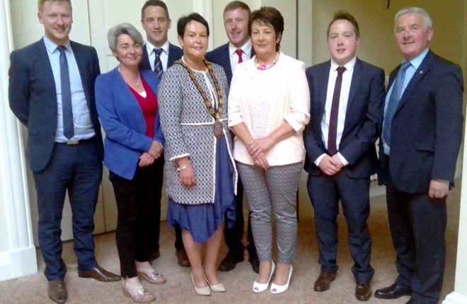 New council chair Mary Garrity and her fellow SDLP councillors Brendan Gallagher, Rosemary Shields, Patricia Rodgers, John Coyle, Garbhan McPhillips, and party MLAs Richie McPhillips and Daniel McCrossan at Tuesday night's AGM in Ennsikillen. 