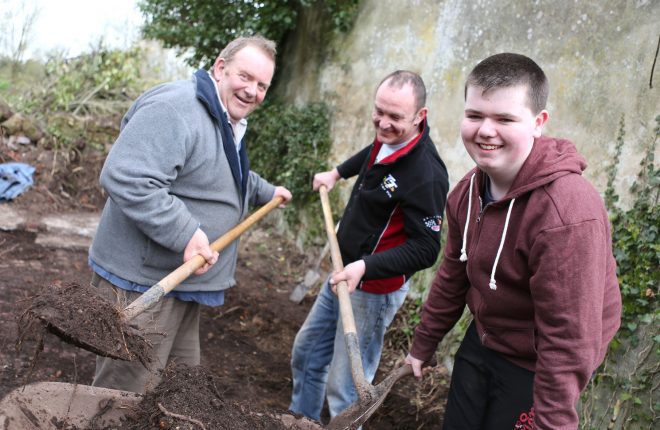 MEN AT WORK... Eric Johnston, Gary McBrien and Leo Murphy clear out the top layer of soil at the Arney dig in 2014  RMG14