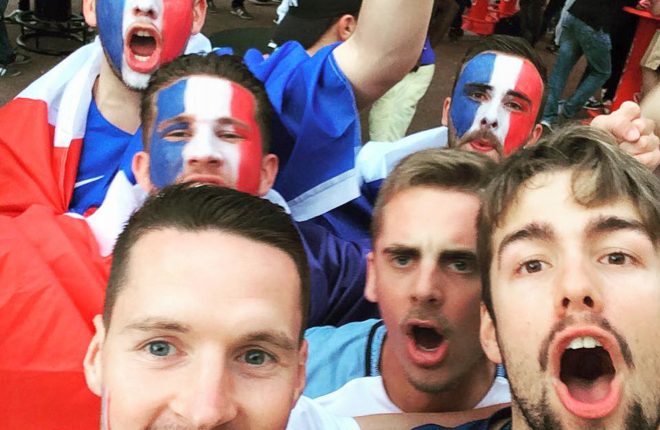 Kyle McCleery, front left, from Fermanagh pictured with French football fans in Nice during the Euros