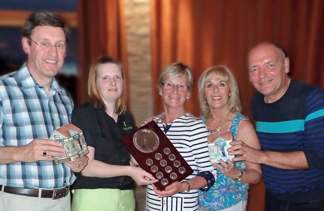 Team Members of the Surf Boarders being presented with The Tullana on the Green Summer League Shield. John Sheridan, Karen Knox sponsor, Laura McDowell, Mary McCoy - Club Captain, and David Lowe who was a finals sub. Missing from photograph are team members Joanne Daly and Brendan King.