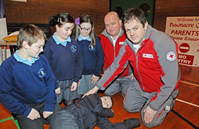 Nathan Chambers and Walter Diver from the Red Cross, pictured with pupils from Ballinamallard Primary School in 2013 at a Be Safe Project. From left are, Jack McGowan, Stewart Little, Louise Quinn and Clara McBrien