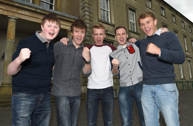HAPPY.. Portora students celebrating their results last year.  Kaelyn Somerville (A*, A,B), Jordan Wilson (Four A's), Nathan Wilson (A,B,B), Deane Oldcroft (A,C,C) and Aaron Brown (A*,B,B)    RMG31