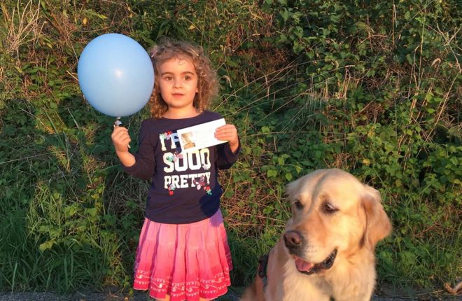 Torrdan r. Niederh?user sent sent this photo of his 4 year old daughter Aya-Sophia with the balloon and label with her dog Shila from Bankliholzweg, Switzerland. The balloon was found in a field in their home town on 5th September after the Balloon Release which was held at the Aughakillymaude Centre Derrylin on the 4th September