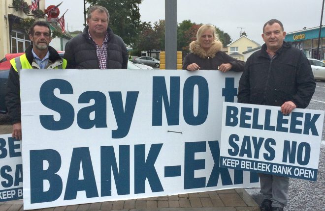 Some of the people protesting in Belleek this week at the proposed closure of the Bank of Ireland branch