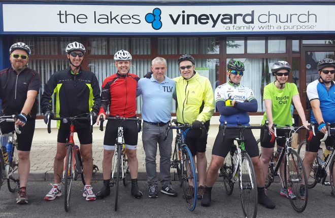 The Lakes Vineyard Church team pictured at their fundraising cycle for their Kenya trip: Kenny Murdock, Willie Balfour, Nigel McKeown, Alan Garland, John Shades, Felicity Woods Bryans and Dwayne Woods