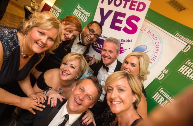 Celebrating the BID vote at the Fermanagh Herald Business Awards were, clockwise from left, Anne Mooney, Noelle McCarney, Mo Aswat, Anna Devlin, Sharon Scott, Terry McCartney and Tanya Cathcart    Picture: Ronan McGrade