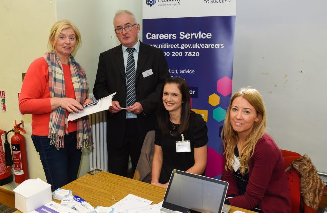 Margaret McGovern speaking to Pat Dolan, Charlene Millar and Catherine Curley of the Careers Service    RMG25