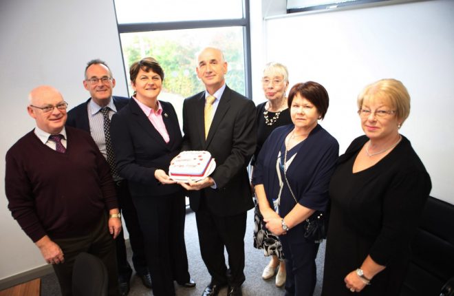 The First Minister Arlene Foster with board members of Lakeland Community Care on her visit to the new premises in Belcoo, from left Emmet McNulty, Neil Ferguson, Noel McAllister, Chairman, Margaret Gallagher, vice chair, Ann Gallagher, Finance director and Yvonne Swann.