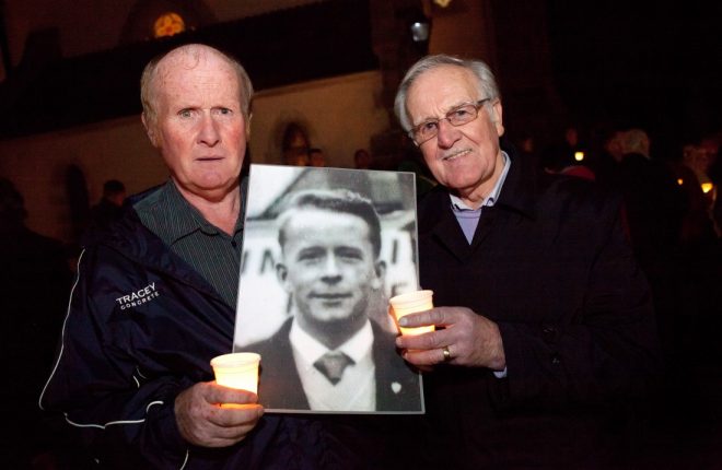 Frankie Naan (nephew of Michael Naan), left, with John Fitzpatrick at the memorial for his uncle in Newtownbutler in 2012    RMG04