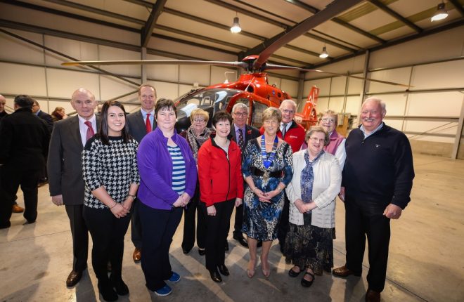 People who donated to the Air Ambulance and representives of businesses who donated, at the unveiling of the Air Ambulance NI at Enniskillen Airport.  Back from left, Peter Quinn, Brian Keys (MD Severfield), Myrtle Irvine, George Irvine, Ian Crowe, Evelyn Thompson.  Front, Jenny Knox, Jenny McHugh, Rosemary Breen, Iris Mahon (President of Tamlaght Women’s Institute), Adeline Lee and Rodney Connor   
