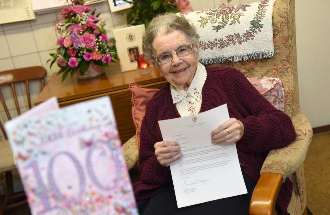 FONDLY REMEMBERED...Anna Drumm, pictured holding a letter she received from the Irish President Michael D Higgins on her 100th birthday, passed away recently at the age of 101  