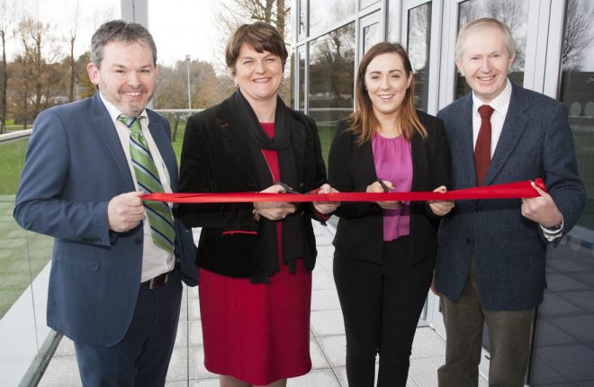 Lauri McCusker, First Minister Arlene Foster, Megan Fearon and David Bolton officially open the extension at Fermanagh House 	 bmcb55