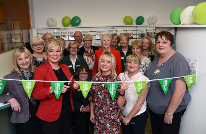 Health Minister Michelle O'Neill, second from left, officially opening the Macmillan Cancer Support information hub at South West Acute Hospital, Enniskillen with Paula Kealey (Strategic Partnership Manager, Macmillan Cancer Support), centre, and local staff and volunteers 