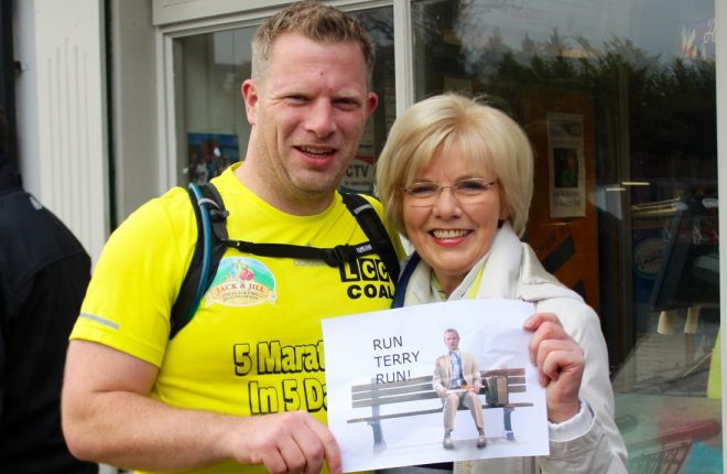 Terry Hughes, who completed five marathons in five days, with his mother Dorothy