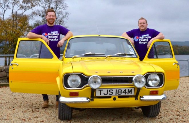 Neil Armstrong, Armstrong Motorsport and Darren Johnston, Rossharbour with one of Jackie Armstrongs restored Vintage Ford Escort cars which will be on display at the celebration day