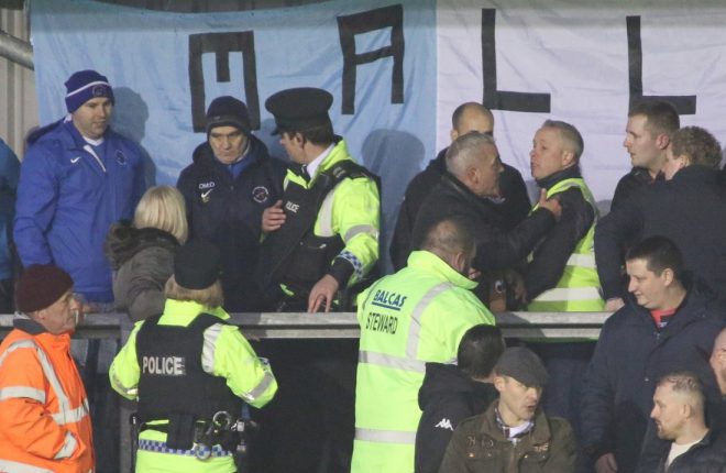 Police step in to calm matters at the Ballinamallard v Crusaders game.