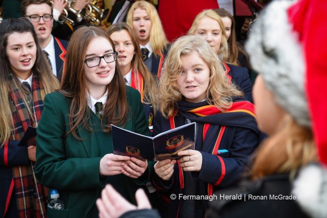 Students from Enniskillen Royal Grammar School singing at the Diamond, Enniskillen    Picture: Ronan McGrade