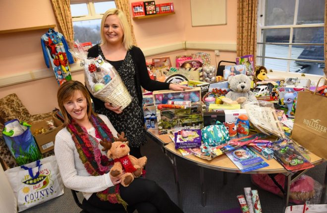Kerry Oliver and Rachel Gataora get the festive toy hampers ready in time for Christmas at Fermanagh Women’s Aid 