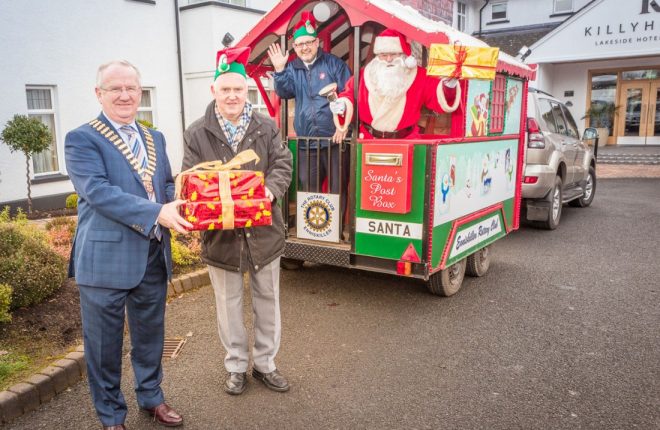 Launching Santa Mobile 2016 are Kenny Fisher, President of the Rotary Club of Enniskillen with Joe Maguire of St. Vincent de Paul and Major Simon Wright of the Salvation Army. 