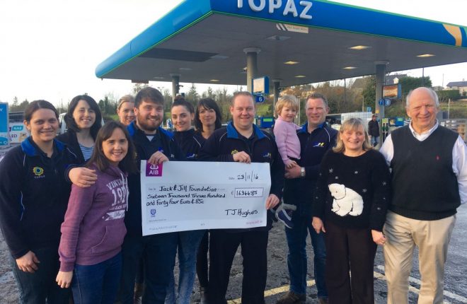 Jonathan Irwin, CEO of the Jack and Jill Children’s Foundation recently visited TJ Hughes Service Station to collect a cheque for €16344.85 from Terry Hughes and his staff. Terry ran 5 Marathons in 5 Days this October, making his way from the service station at the Belleek/Ballyshannon border through to Dublin. 