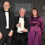 Joe Mahon receives his Lifetime Achievement Award from Martin Sharkey, Finance Director, Belleek Living and Roisin Henderson, Fermanagh Herald.