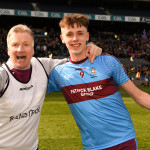 Joe McDade of St Michaels College and manager Dom Corrigan celebtate after the game. Photo by Ray McManus/Sportsfile