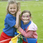 Enniskillen Model Primary School students Maria Bullock and Emily Whitman posing before their race at the Forum bmcb 109