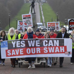 Protestors who gathered at Stormont today over the removal of emergency general surgery at the South West Acute Hospital in Enniskillen. Photos by Arthur Allison/Pacemaker Press.